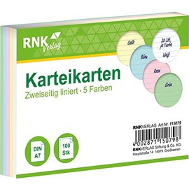 RNK 115079 A7 Ruled Index Cards, 100 Cards, 7 mm, White/Blue/Pink/Green/Yellow