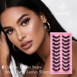 SISIYDY Fluffy Lashes Cat Eye Mink Eyelashes Wispy Dramatic Thick 3D Fox EyeLash 18mm Full Strips Cateye Lashes Fluffy 10 Pairs CD Curl Fake Mink Eyelashes Pack YH016