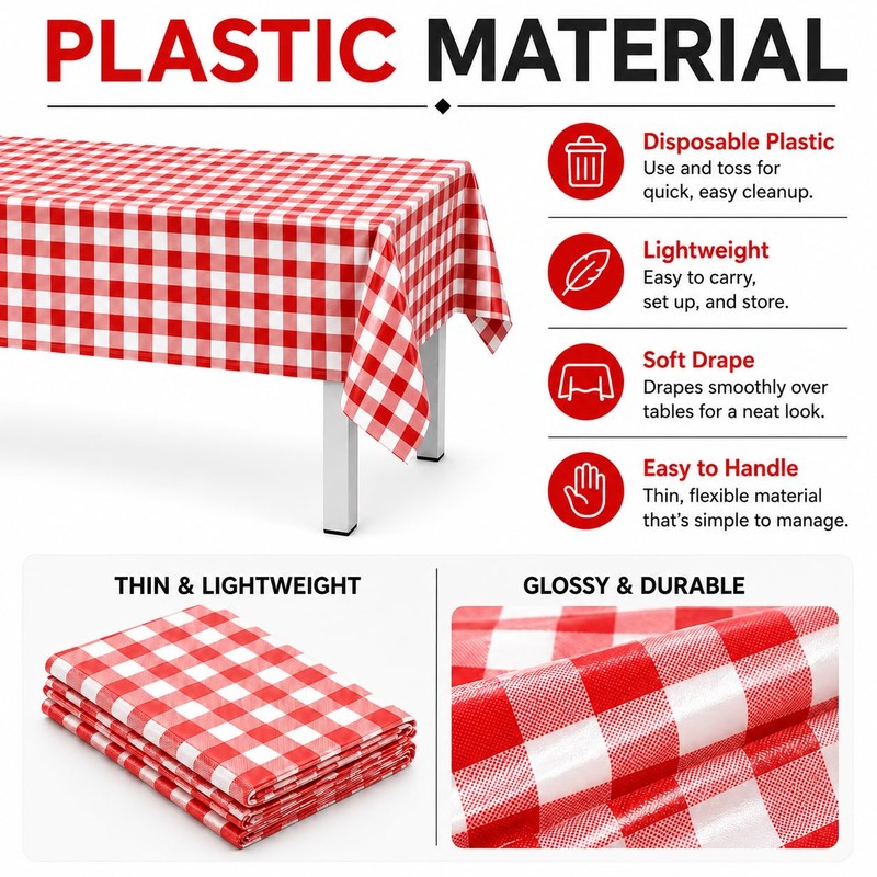 12 Pack Red and White Plastic Checkered Tablecloth, Premium Decorative