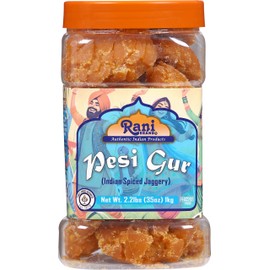 Rani Pesi Gur (Jaggery) Indian Unrefined Raw Cane Sugar 35oz (2.2lbs) 1kg PET Jar ~ Gluten Friendly | Vegan | NON-GMO | Kosher | No Salt or fillers | Indian Product