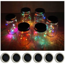 6 Pack Mason Jar Lights 10 LED Solar Multi-Color String Lights Lids for Patio Yard Garden Party Wedding Christmas Decorative Lighting Fit for Regular Mouth Jars(Jars Not Included)