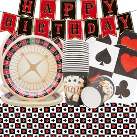 Doyomtoy ALA Vegas Theme Party Tableware, 62 Pieces, Casino Party Set with Casino Theme Party Accessory Set, Includes Plates, Napkins, Cups, Tablecloth and Flag Pull for Casino, Poker, Theme Party