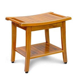 20" Premium Teak Shower Bench with Shelf & Handle, Solid Teak Shower Stool, Durable Waterproof Seat for Inside Shower, Teak Wood Bench for Bathroom, Indoor & Outdoor Use