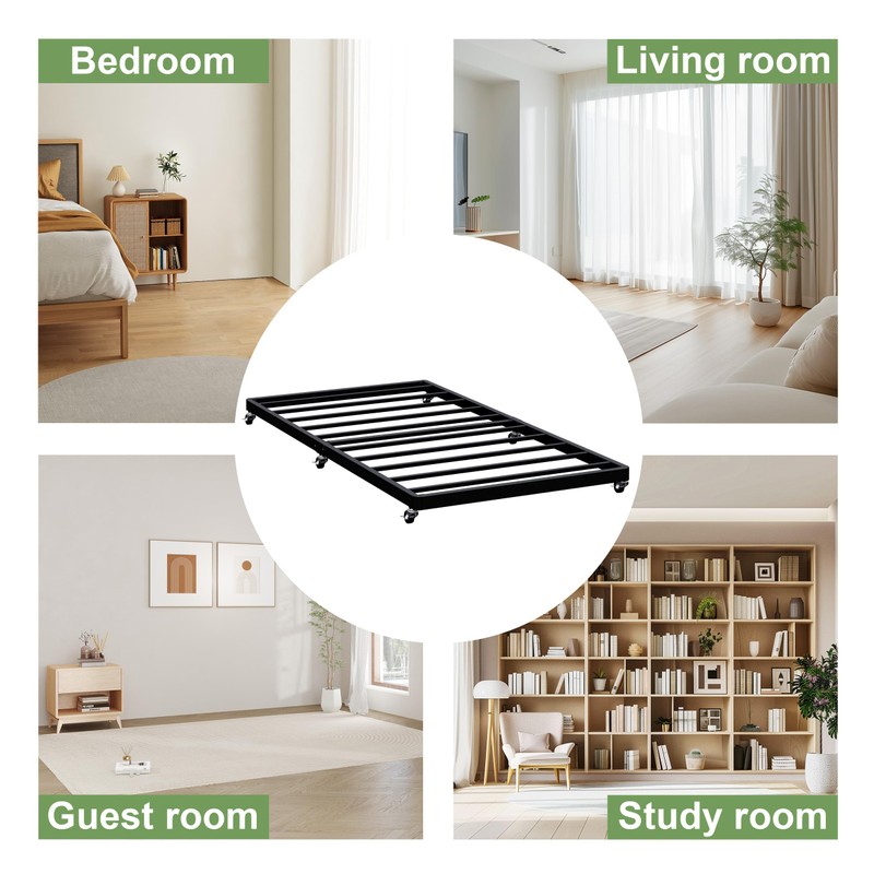 Lutown-Teen Twin Trundle Bed Frame with Metal Slats, Roll-Out Design,