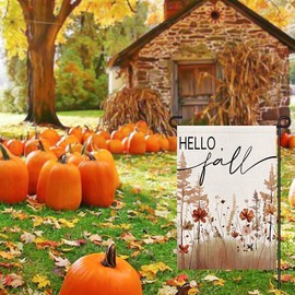 Hello Fall Garden Flag Burlap 12x18 Inch Double Sided, Autumn Seasonal Plant Floral Farmhouse Style Sign Lawn Small Flags Yard Outdoor Decoration DF539