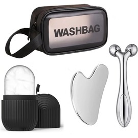MTTAOJY Kit de rodillo facial de hielo con bandeja de silicona, rodillo 3D y espátula acero – Negro