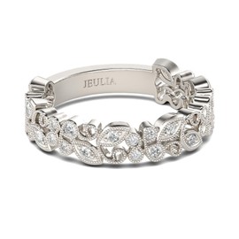 Jeulia 925 Sterling Silver Milgrain Women's Ring with Leaf Design Round Cut Engagement Ring Eternity Rings Wedding Rings with Jewellery Box for Birthday, Anniversary, Valentine's Day, Sterling Silver