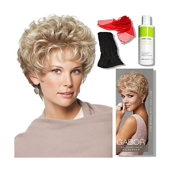 Gabor Wigs Cheer Wig Color G15+ Buttered Toast Mist - Short Razor Tapering Chic Curly Layering Synthetic Women's Capless Comfort Fit Bundle with MaxWigs Hairloss Booklet