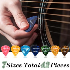 MOREYES Guitar Wall Mount 3 Pack, 42Pcs Guitar Picks with 7 Thickness 0.46 0.58 0.71 0.81 0.96 1.20 1.50 mm for Guitar, Rotatable U-Shaped Guitar Hanger for Acoustic Guitar, Black Walnut, Black