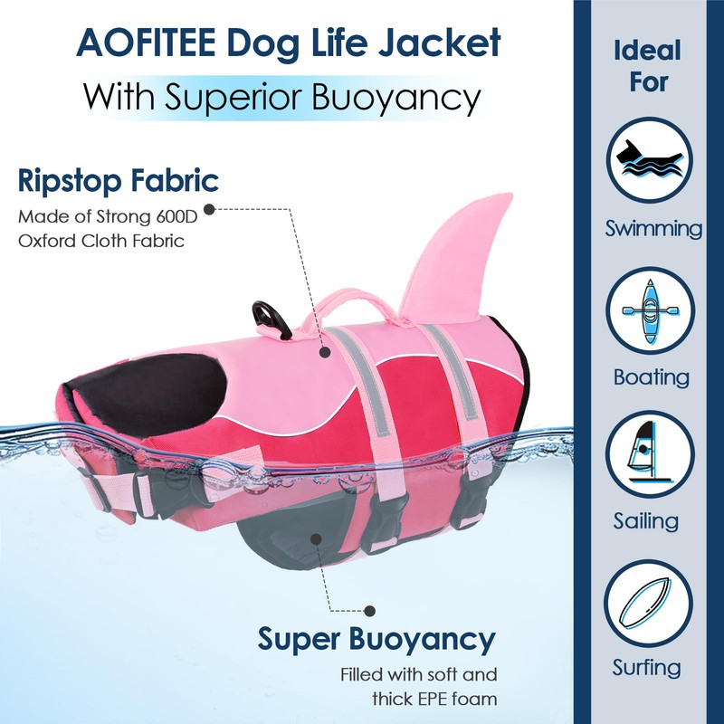 AOFITEE Small Dog Life Jacket, Shark for Swimming, High Flotation