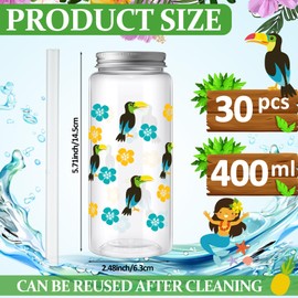 Skylety 30 Pcs Hawaiian Luau Cups 13. 5 oz Summer Tropical Plastic Cups with Lids and Straws Reusable Cute Plastic Tumbler for Hawaii Beach Sea Summer Birthday Party Drinkware Supplies