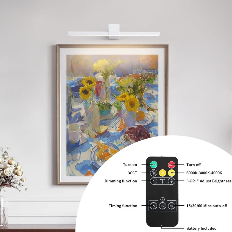 Pasoar White Battery Operated Picture Light with Remote,Wireless Gallery Lights