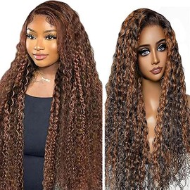 Weeybay Real Hair Wig for Women Wigs Curly Wave Human Hair Wig 4x4 Lace Closure Wig Highlight Brown 150% Density Unprocessed Brazilian Remy Hair Glueless Wig for Woman 26 Inches