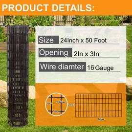 SOTTORICH Wire Fence 24in x 50ft, 2X 3 16GA, Black PVC Coated Garden Fence for Yard Garden Border Fencing Roll Vinyl Coating Metal Wire Mesh for Yard Vegetable Plant Protection Poultry Netting