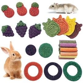 Fhiny 27 PCS Natural Bunny Chew Toys Molar Rabbit Toys Contain Timothy Grass Pumpkin Beets Purple Potatoes Carrot Hamster Treats for Chinchillas Guinea Pigs Mice Gerbils Teeth Grinding