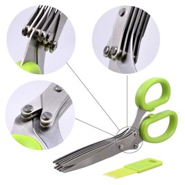 INVODA Food Scissors Set 5 Extremely Sharp Stainless Steel Blades and Handy Cleaning Comb Fast Cut Slice Chop Herbs Heavy Duty Stainless Steel Multipurpose Kitchen Scissors (Green)
