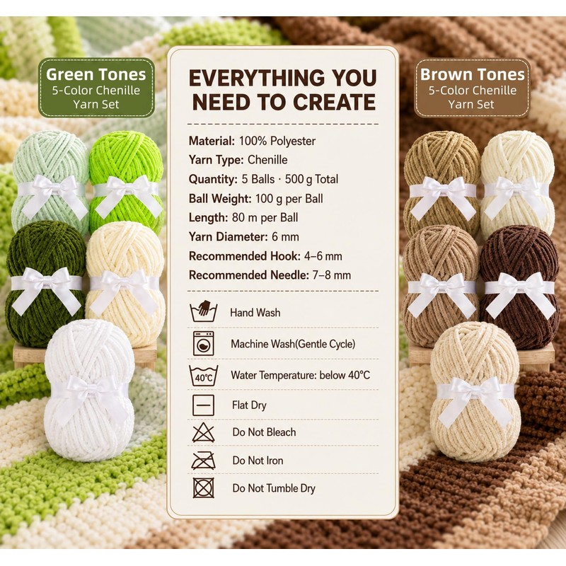 ilauke 5x100g Chenille Yarn Chunky, Crochet Yarn for Amigurumi, Brown