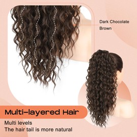 SEIKEA Ponytail Extension, PT005 Isabella 18" Long Bohemian Curly Drawstring Ponytail Light Fluffy Multi Layered Clip in Hair Extensions Ponytail Natural Soft Synthetic Hairpiece Dark Chocolate Brown