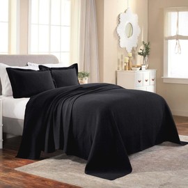 Modern Style 2 Piece Oversized Reversible Cotton Bedspread Twin Size | Intricate Jacquard Matelasse Weave Design All Seasons | Antique Jet Black Color Farmhouse Bedding Soft Plush Coverlet Set