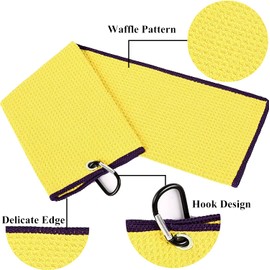 VIVIDLY 2 Pack Tri-fold Golf Towels, Premium Microfiber Fabric Waffle Pattern with Black Heavy Duty Carabiner Clip, Yellow Golf Towels for Golf Bags for Men (Yellow)