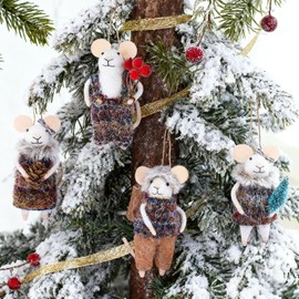 Watereem Set of 4 Christmas Felt Mouse Ornaments, 5" Mini Mice with Brown Sweater for Christmas Tree Hanging, Wool Xmas Tabletop Decor, Animal Crafts for Holiday Easter Gifts Birthday Party Supply