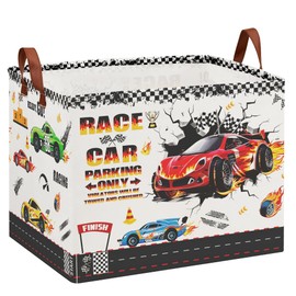 Race Car Toy Storage Basket, Collapsible Kids Laundry Hamper with Parking Sign, Car Themed Storage Organizer Bin for Boys Room, Nursery, Bathroom-36L Tire Toy Box