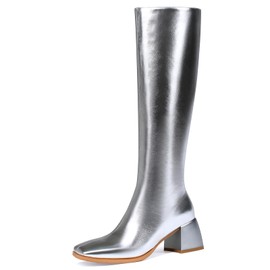 Abbleet Knee High Boots for Women 70s Boots with Chunky Heel, Square Toe Tall Boots Side Zipper Block Heel Dress Boots(Silver,8)
