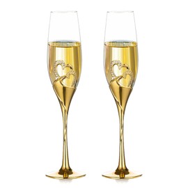 NUPTIO Champagne Glasses for Wedding: 2 Pieces Gold Crystal Glasses Party Crystal Wedding Anniversary Gift for Bride and Groom