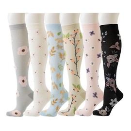 6 Pairs Compression Socks for Women Men 15-20 mmhg Knee High, Womens Compression Socks Compression Stockings for Women Men (Flowers, L/XL)