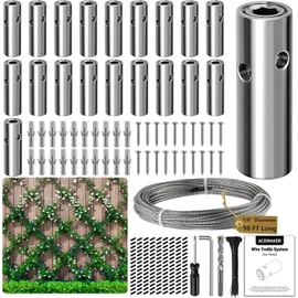 Wire Trellis for Climbing Plants Outdoor, 20-Set Wall Wire Trellis Kit with 1/8in x 98ft Stainless Steel Cable, T316 Cylindrical Espalier System for Fence and Garden DIY Projects
