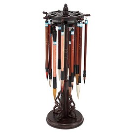 Golden Panda Master Calligraphy Brush Set–Rosewood/Bamboo Chinese Calligraphy Brush Set w/Rotating Stand & Magnet Close Box