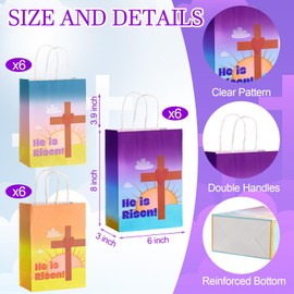 Kosiz 24 Pcs He Is Risen Gift Bags Easter Paper Gift Bags with Handles Christian Religious Party Favor for Easter Baptism Holy Week Party Supplies Decoration