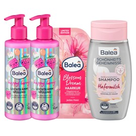 Balea Set of 4 Family Hair Care: 2 x Light Comb Conditioner Happy Berry Conditioner Mild (2 x 200 ml) + Hair Treatment Blossom Dream (20 ml) + Shampoo Oat Milk Soothing for Sensitive Hair (250 ml),