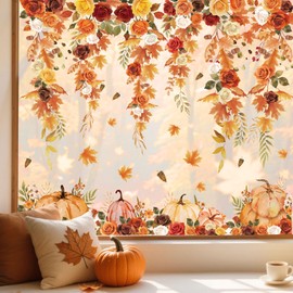 FYSUIMU 9 Sheet Fall Floral Window Clings Retro Hanging Flower Vine Leaves Pumpkin Reusable Window Decals for Autumn Harvest Thanksgiving Party Home Office Decor
