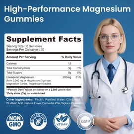 Magnesium Glycinate Gummies 2200 MG, High Absorption Magnesium Glycinate, Citrate, Malate Gummies for Adults and Kids, Sugar Free, Vegan for Sleep Support, Blueberry, 60 Count