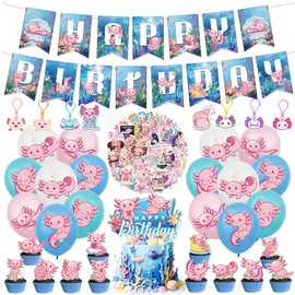 Axolotl Birthday Party Supplies Decorations Axolotl Balloons Cupcake Toppers Happy Birthday Banner Stickers Keychains Animal Party Decoration