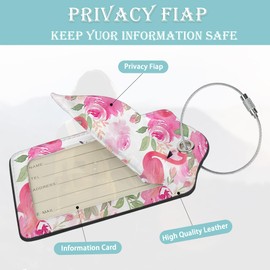 Luggage Tags for Suitcase,2 Pack Pink Flamingo Luggage Tag Flowers Leaf Leather Privacy Cover ID Label with Stainless Steel Loop for Women Men Kids Girls Travel