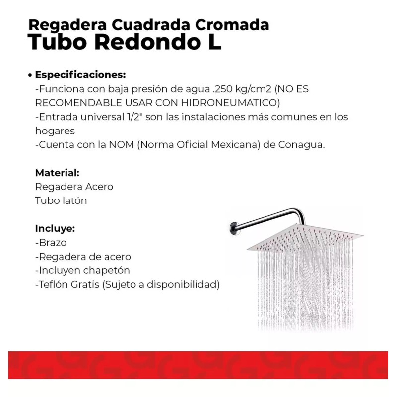 IML Regadera Cuadrada 20cm Acero Inox + Tubo Redondo L