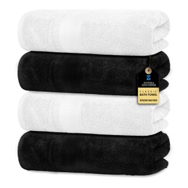 ZUPERIA 4 Pack Premium Bath Towels, 30 x 60 Inches, 100% Ring Spun Cotton - Medium Weight and Highly Absorbent, Quick Dry, Ultra-Soft Towels, Perfect for Daily Use (White/Black)