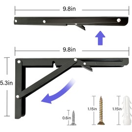 Folding Shelf Brackets,Wall Mounted Shelf Brackets,Heavy Duty Shelf Bracket,Black Metal Shelf Brackets for Bendable Table,Space Saving (10 Inch 6 Pcs)