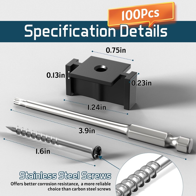 100PCS Hidden Fasteners Deck Fasteners for Installing Composite Deck Boards,