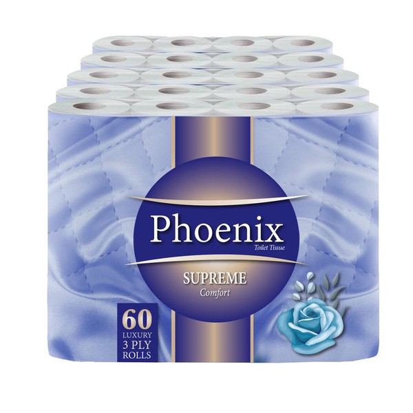 60 Phoenix Soft Supreme Luxury Toilet Rolls Bulk Buy - Quilted White 3 Ply Toilet Paper - Pack of 60 Toilet Tissue (12 x 5 Packs)