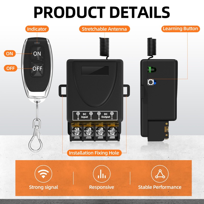 RVBOATPAT Wireless Remote Switch DC 8V/12V/24V/48V/72V/86V 30A Relay RF Remote
