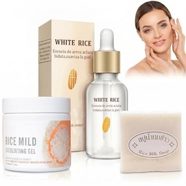 Kit Cuidado Facial Corporal Arroz Set Piezas Serum Aclarante Gel Exfoliante Jabón Artesanal Tratamiento Manchas Hidratación Profunda Brillo Natural