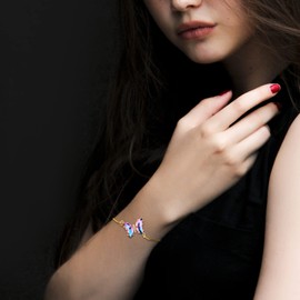 BONJOULRY Butterfly Crystal Charm Bolo Bracelet 18K Gold Plated for Women: Bohemian Cubic Zirconia Adjustable Dainty Bracelet Jewelry Gifts (Lt.Purple Crystal AB)