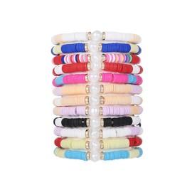 COLORFUL BLING 5-12Pcs Bohemian Love Heart Bead Bracelets for Women Vinyl Disc Heishi Surfer Stackable Stretch Bracelet Summer Beach Boho Jewelry-12pcs pearl
