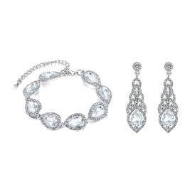 BriLove Women's Wedding Bridal Crystal Teardrop Tennis Bracelet Dangle Earrings Jewelry Set Clear Silver-Tone
