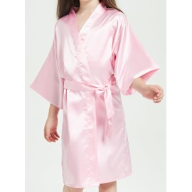 EQIQU Kids Girl's Silky Satin Kimono Robe for Spa Wedding Birthday Party Child Children's Gifts Pink 6