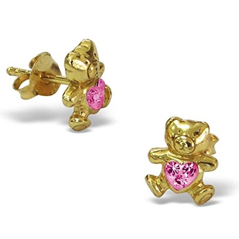 Teddy Bear Earrings with Crystal Stones 925 Sterling Silver Gold