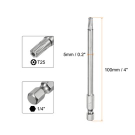 HARFINGTON 2pcs T25 Security Torx Bit 1/4" Hex Shank 4" Long S2 Steel Magnetic Tamper Resistant Star Bits Screwdriver Torx Head with Hole for Driver Drill Bits Remove Fastening Screws